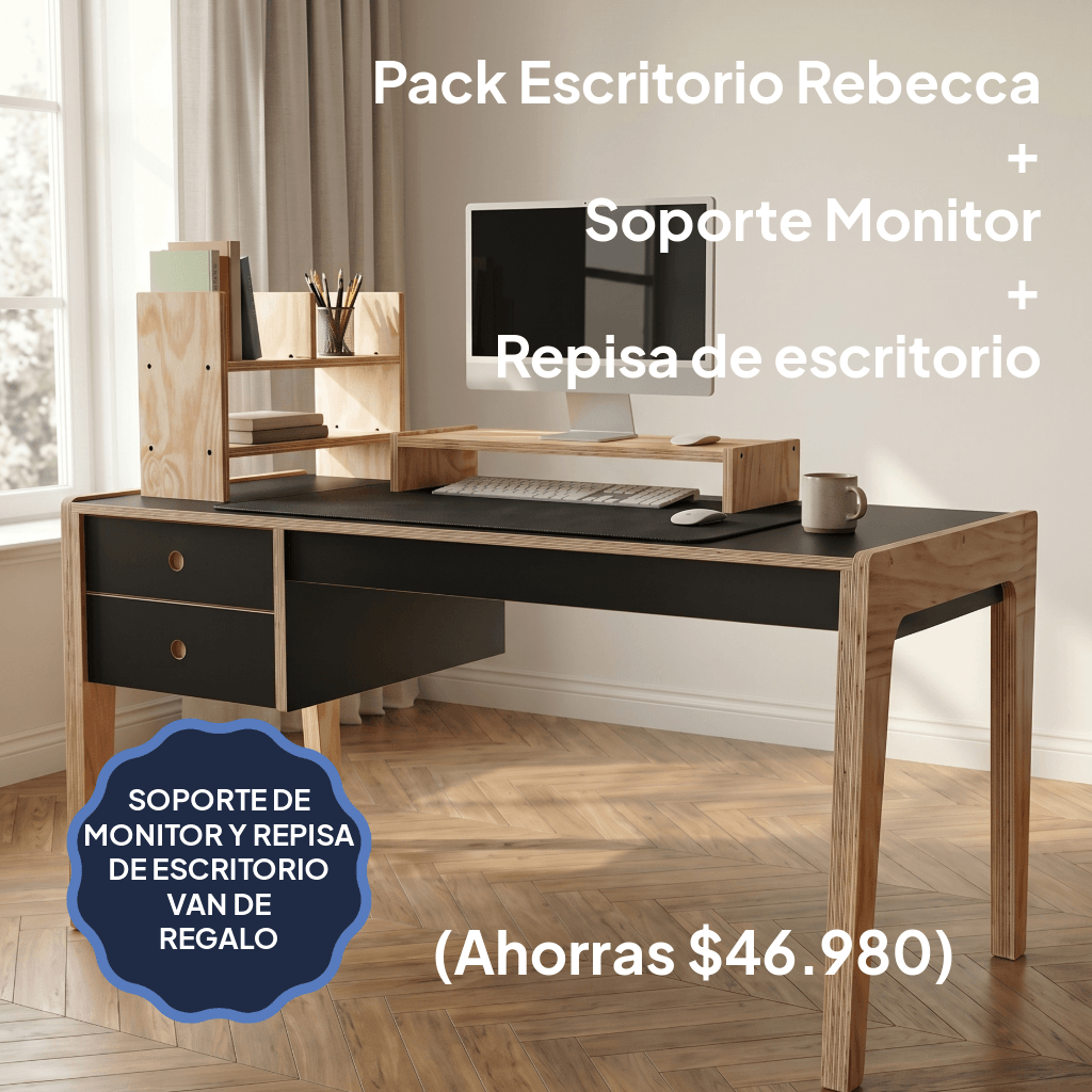 Pack Escritorio con 2 cajones Rebecca + Soporte Monitor + Repisa de Escritorio