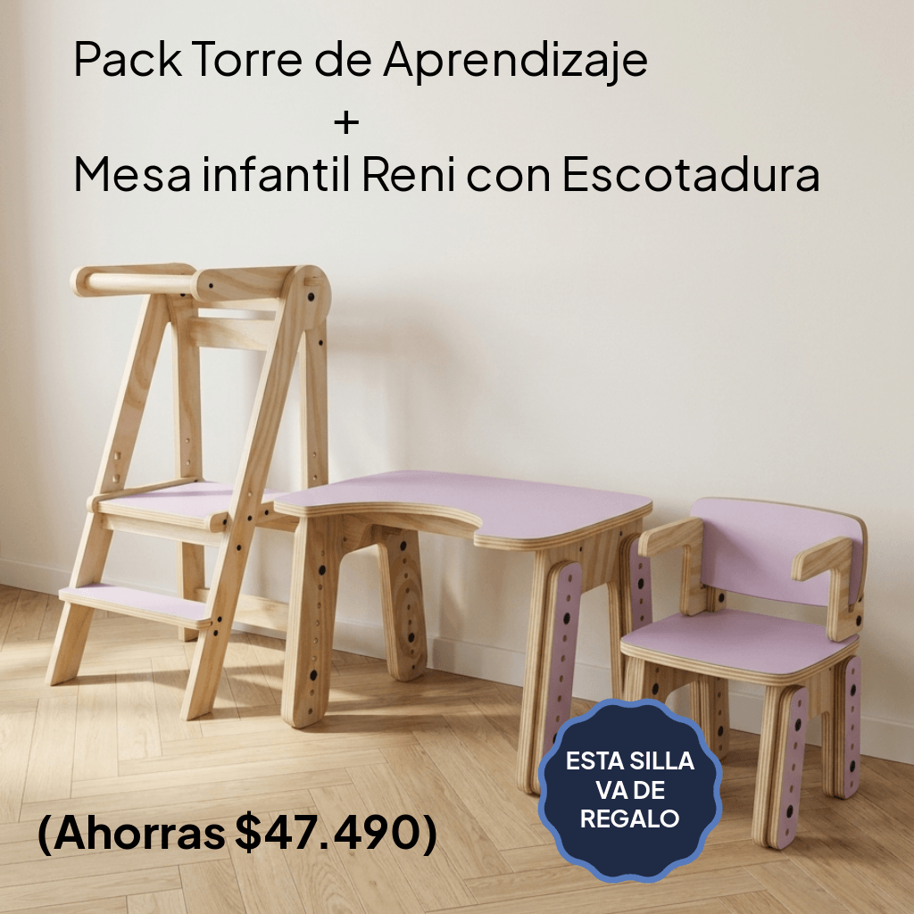 Pack Torre de Aprendizaje + Mesa Infantil Reni con Escotadura +  Silla Infantil Reni con Apoyabrazos