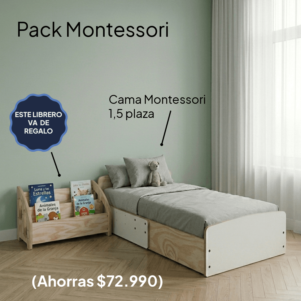 Pack Cama Montessori 1,5 Plazas +  Librero Montessori