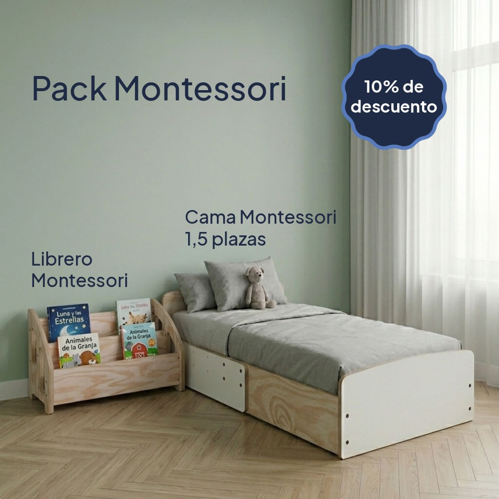 Pack Cama Montessori 1,5 plazas + Librero Montessori con 10% de descuento