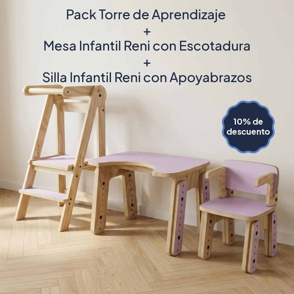 Pack Torre de Aprendizaje + Mesa Reni con Escotadura + Silla Reni con Apoyabrazos con 10% de descuento