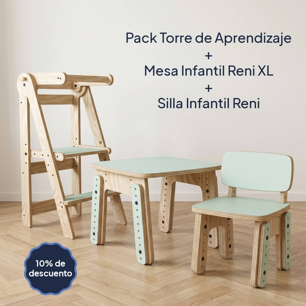 Pack Torre de Aprendizaje + Mesa Reni XL + Silla Infantil Reni con 10% de descuento