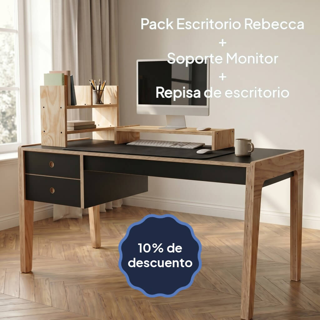 Pack Escritorio Rebecca con 2 cajones + Soporte Monitor + Repisa de Escritorio con 10% de descuento