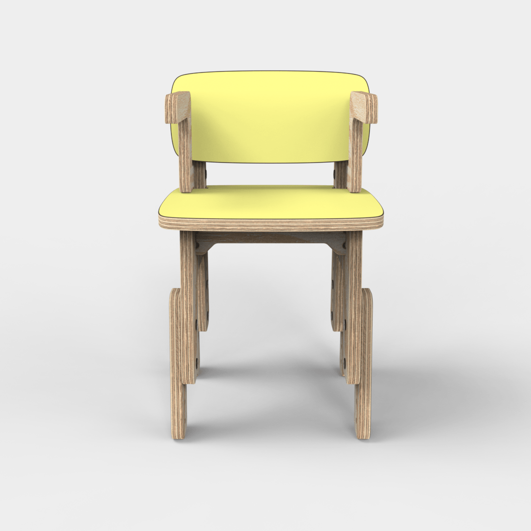 Silla infantil Reni con apoyabrazos amarilla con la altura elevada, vista frontal