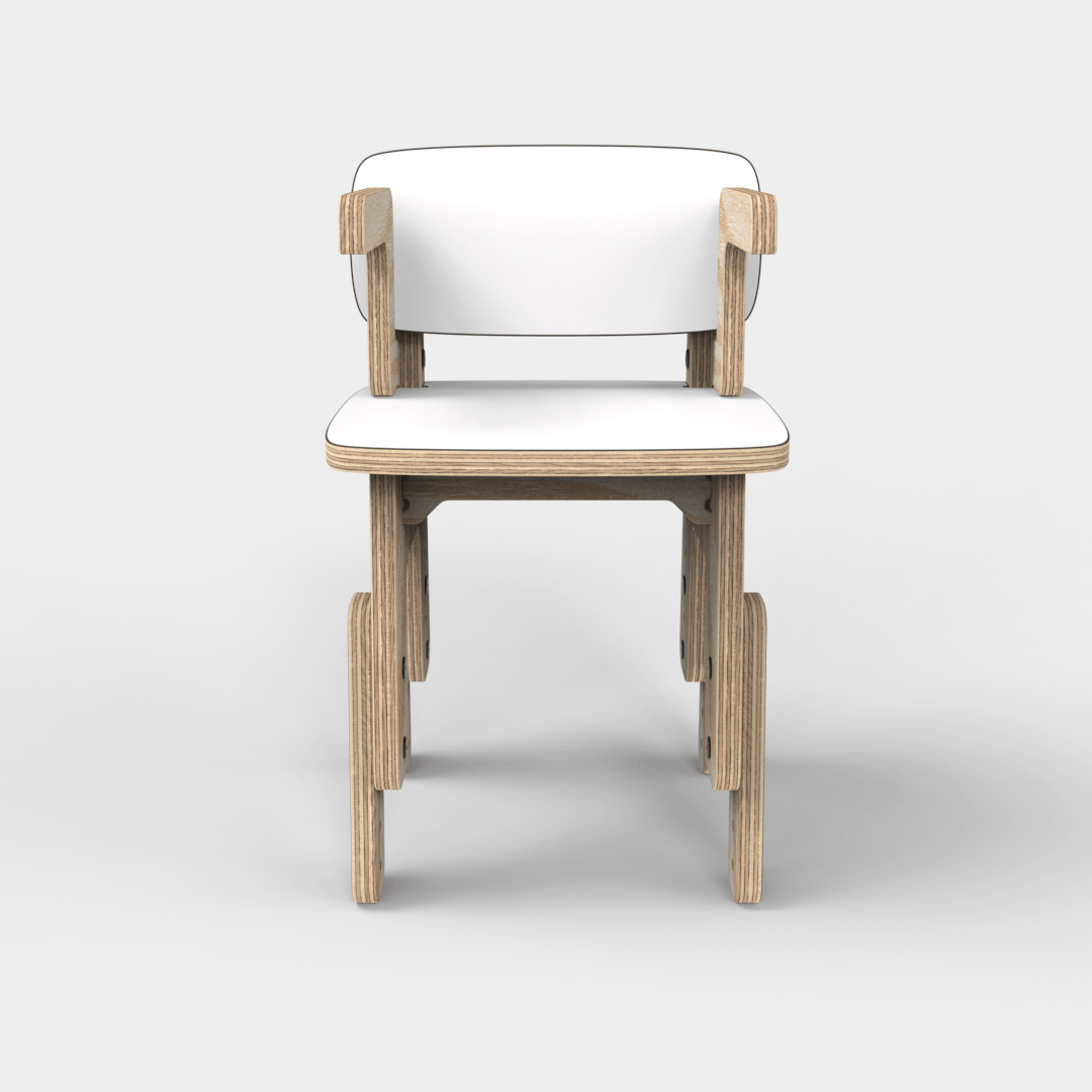Silla infantil Reni con apoyabrazos blanca con la altura elevada, vista frontal
