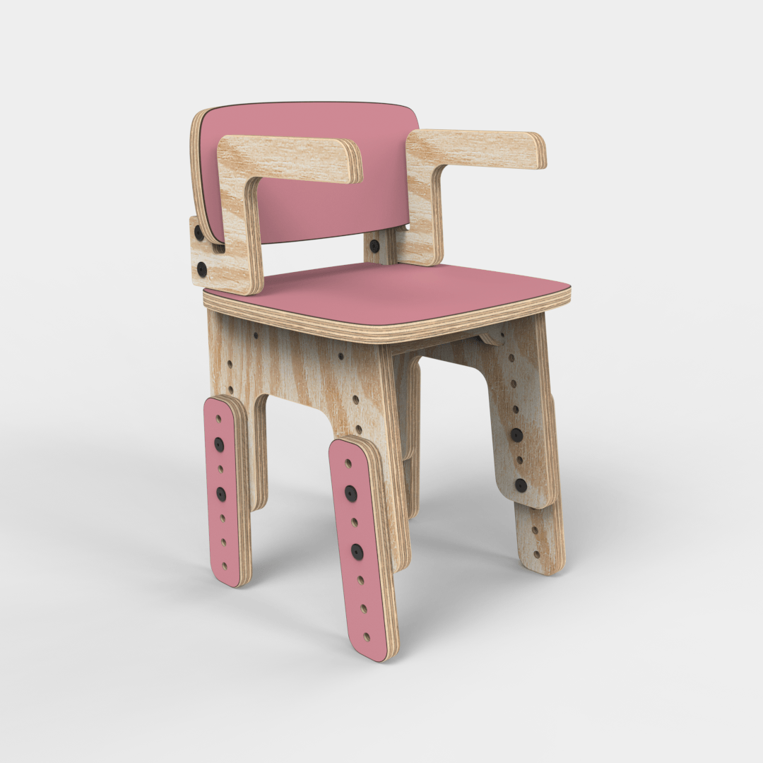 Silla infantil Reni con apoyabrazos rosa con la altura elevada, vista en perspectiva