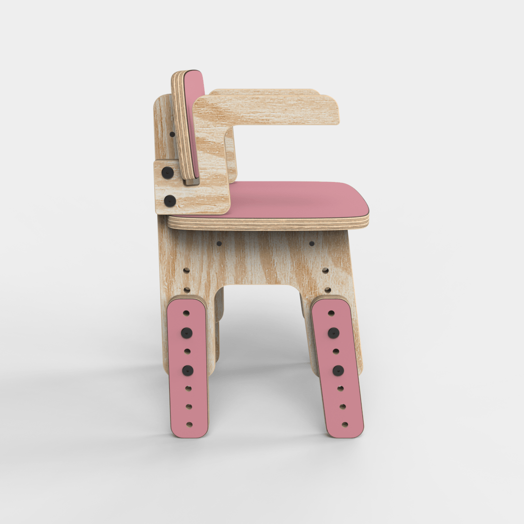 Silla infantil Reni con apoyabrazos rosa con la altura elevada, vista lateral
