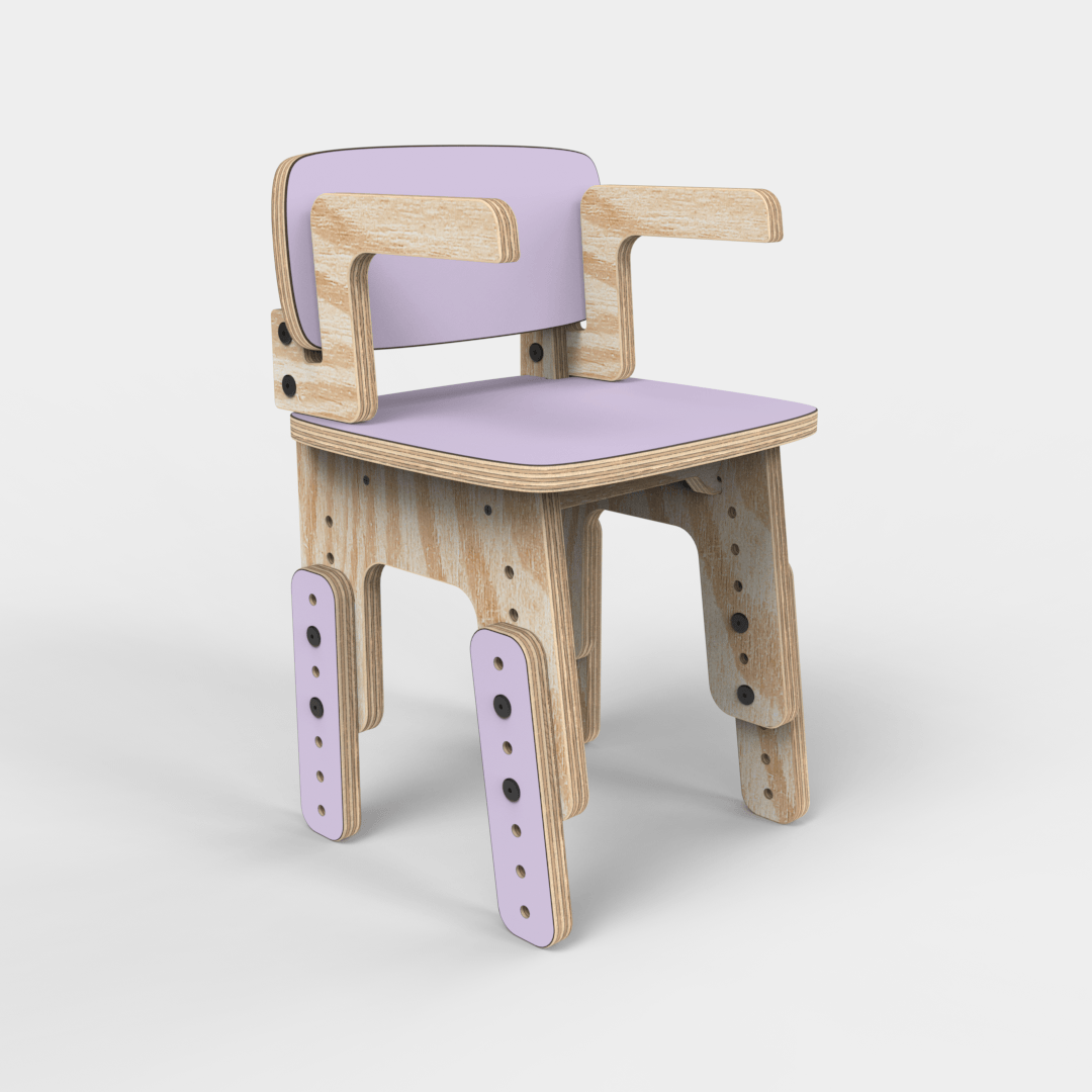 Silla infantil Reni con apoyabrazos uva con la altura elevada, vista en perspectiva