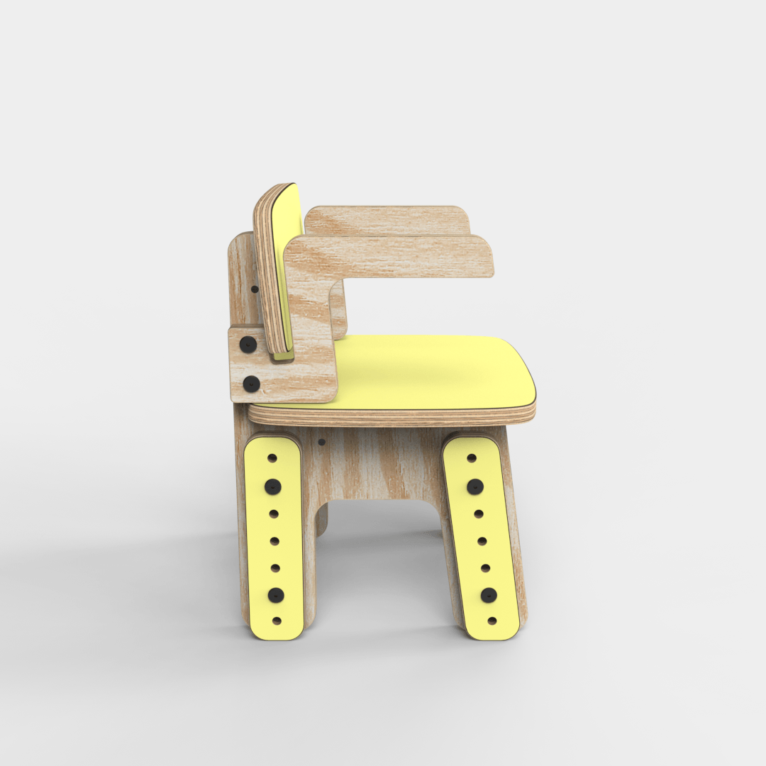 Silla infantil Reni con apoyabrazos amarilla en altura mínima, vista lateral