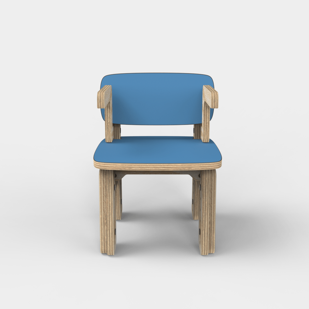 Silla infantil Reni con apoyabrazos azul en altura mínima, vista frontal