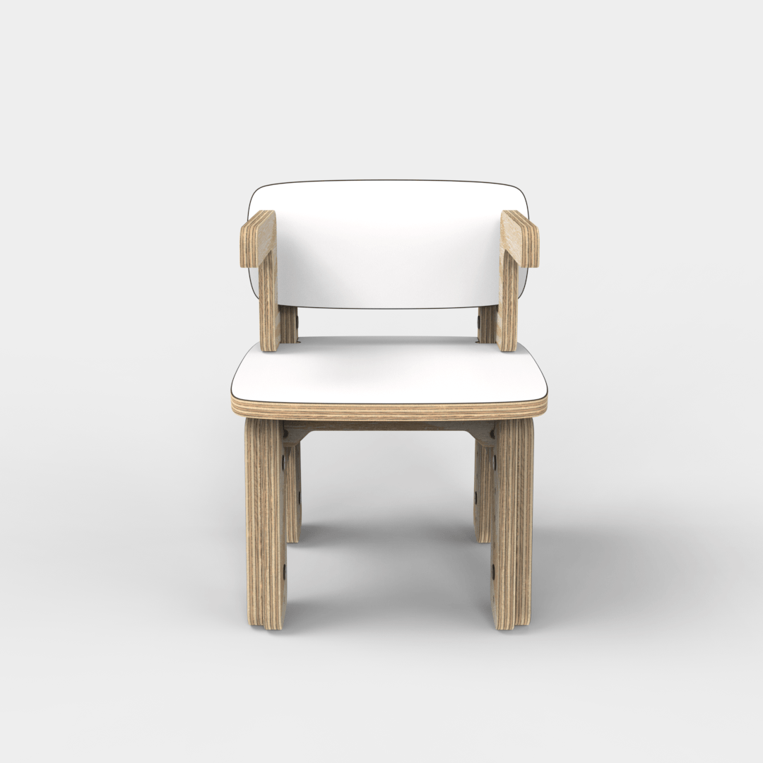 Silla infantil Reni con apoyabrazos blanca en altura mínima, vista frontal