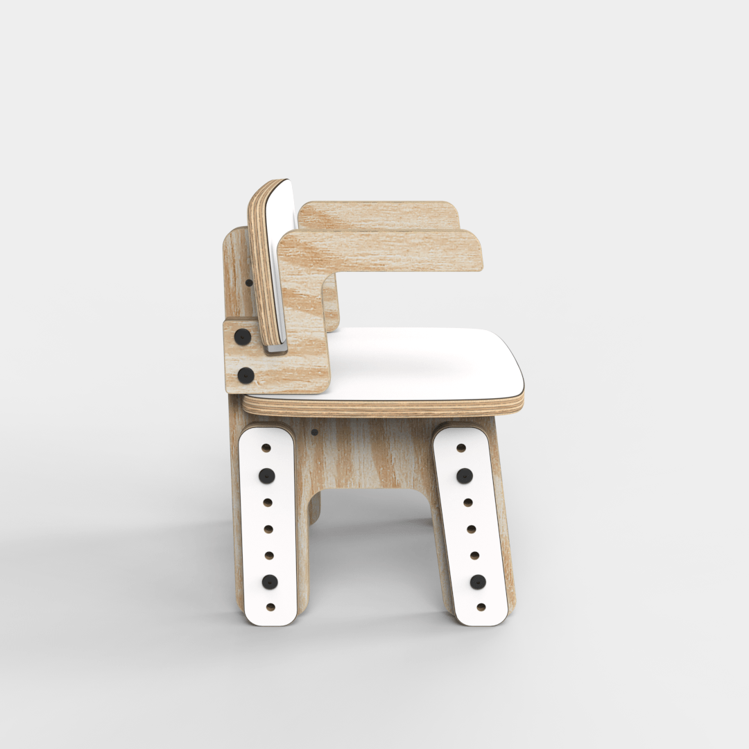 Silla infantil Reni con apoyabrazos blanca en altura mínima, vista lateral