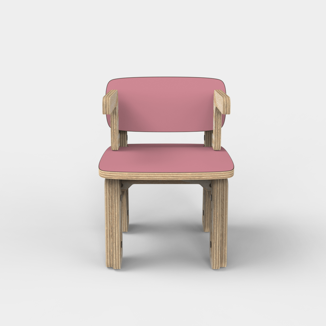 Silla infantil Reni con apoyabrazos rosa en altura mínima, vista frontal