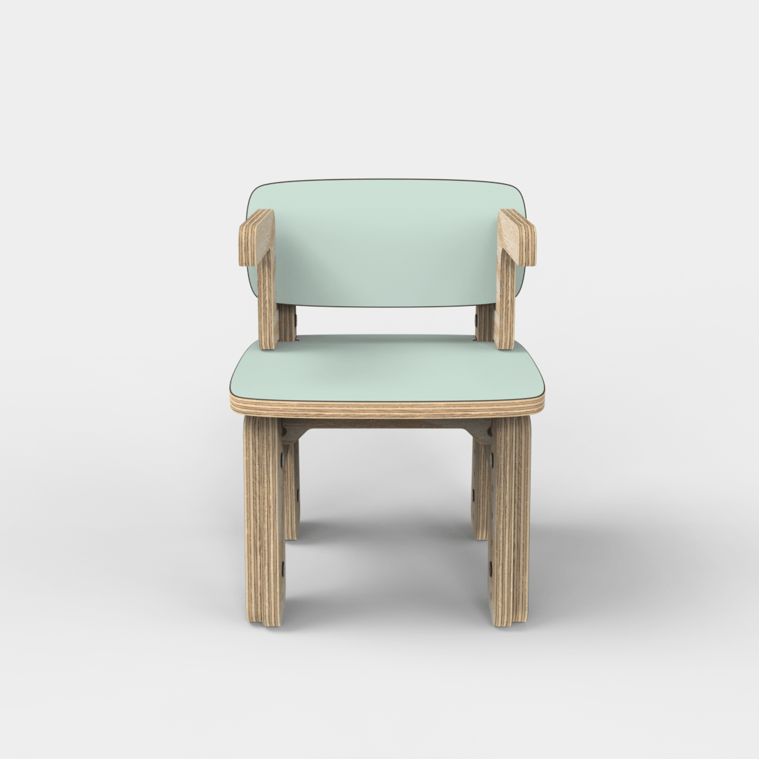 Silla infantil Reni con apoyabrazos menta en altura mínima, vista frontal