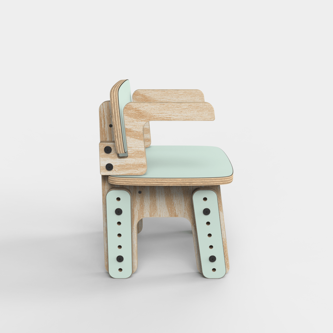 Silla infantil Reni con apoyabrazos menta en altura mínima, vista lateral