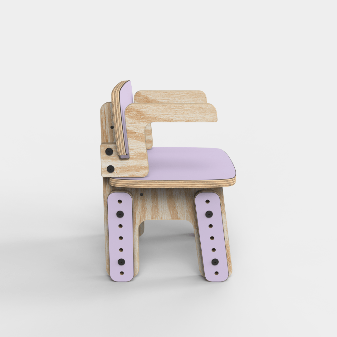 Silla infantil Reni con apoyabrazos uva en altura mínima, vista lateral